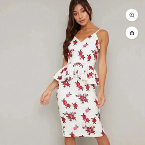 NWT Chi Chi London Larsen Dress US 12 Strappy Peplum White Red Pink Embroidery